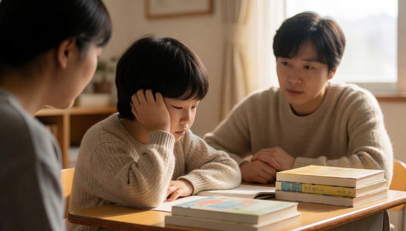 책상에 앉아 지친 표정을 짓는 아동