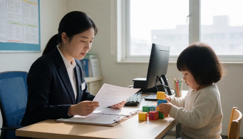 사무실에서 서류를 검토하는 아동보호 담당자와 곁에서 노는 아동