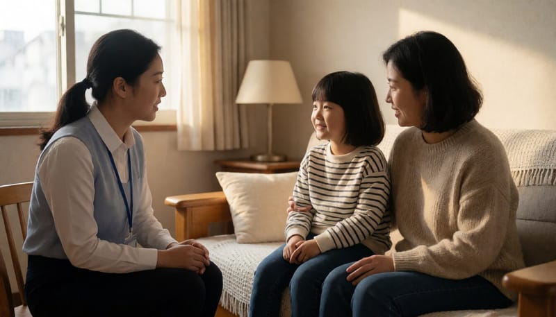 가정을 방문해 어머니와 아동과 이야기를 나누는 사회복지사