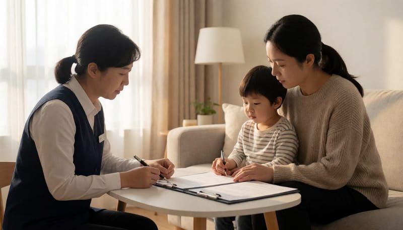 가정에서 부모와 아동을 마주보고 상담하는 사회복지사의 모습