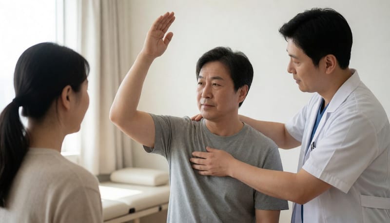 환자가 스스로 팔을 들어 올리며 어깨 통증을 느끼는 모습