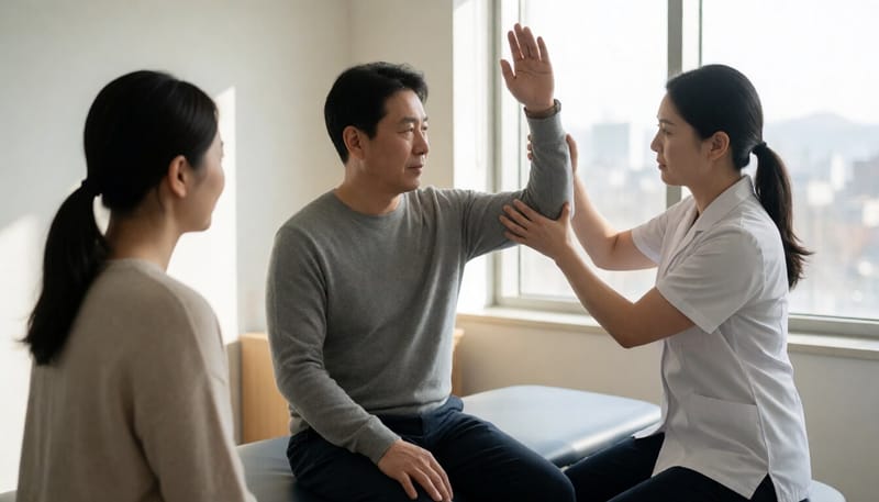 정형외과에서 어깨 검사를 받는 중년 남성