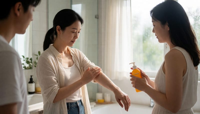 자외선차단제를 바르는 여성의 모습