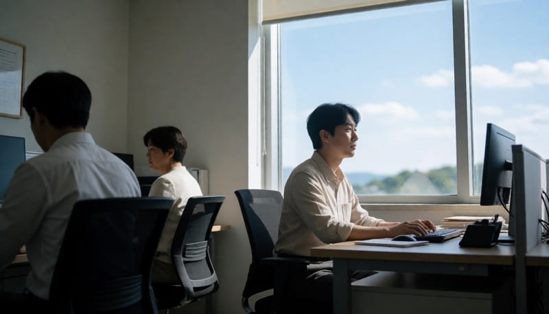 한여름 사무실 창가에서 자연광을 피해 실내에 머무는 직장인의 모습
