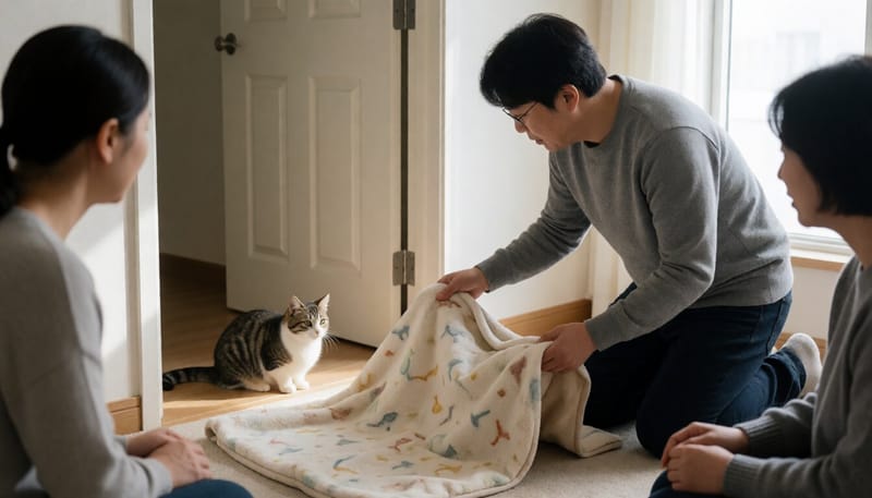냄새 교환을 위해 담요를 옮기는 반려인의 모습
