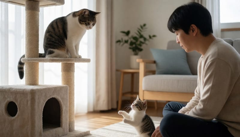 캣타워 위에서 새 고양이를 지켜보는 기존 고양이