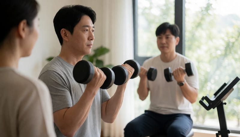 덤벨을 이용해 근력 운동을 하는 남성의 모습