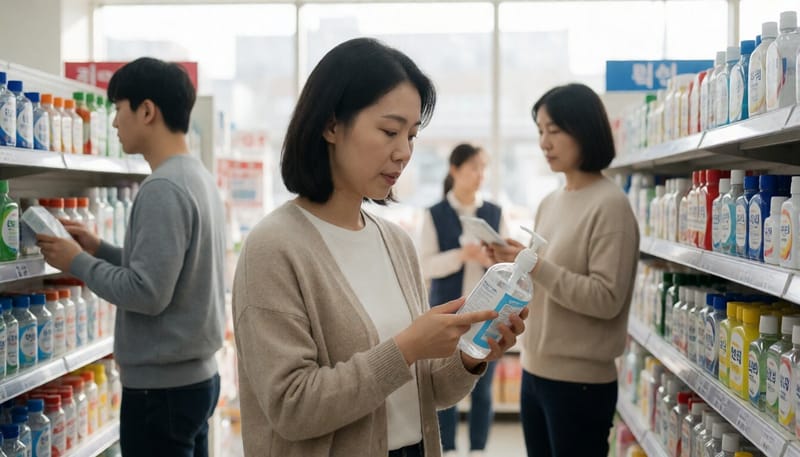 손세정제 라벨을 확인하는 여성