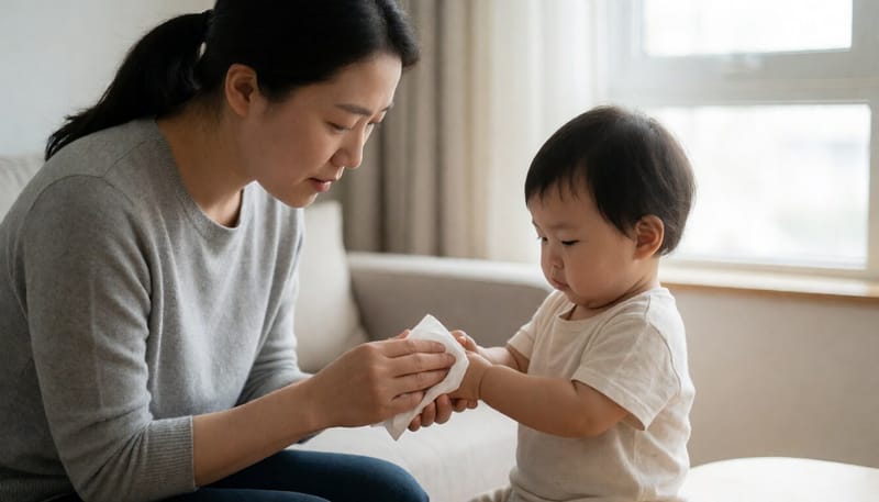 아이 손을 물티슈로 닦아주는 엄마