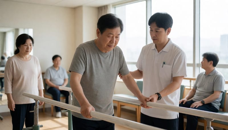 재활 치료실에서 보행 훈련을 하는 뇌졸중 환자