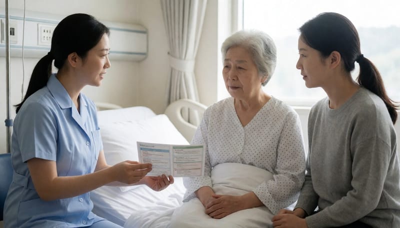 환자와 보호자에게 교육을 진행하는 간호사