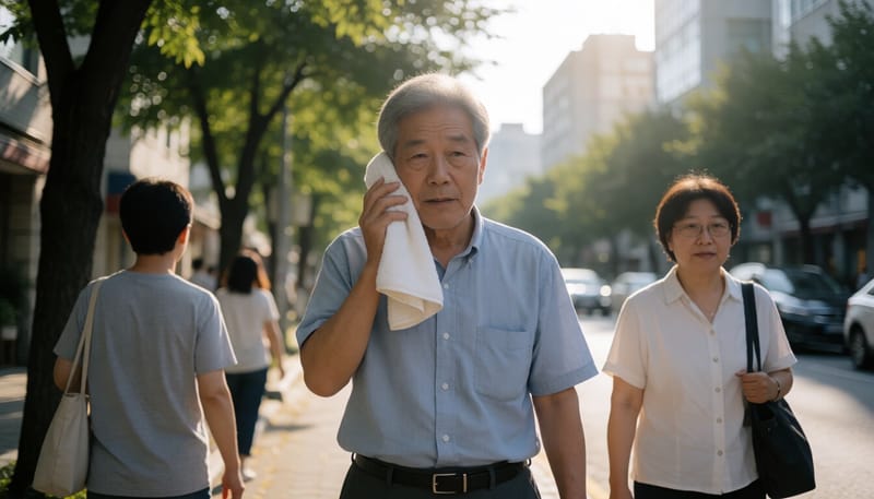 폭염 속 거리를 걷는 어르신의 모습