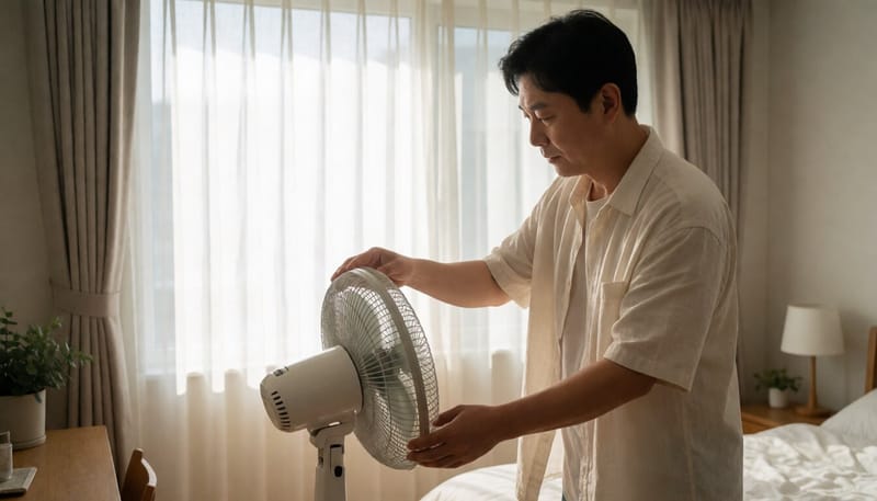 통풍이 잘되는 면 소재 옷을 입고 선풍기를 조절하는 남성
