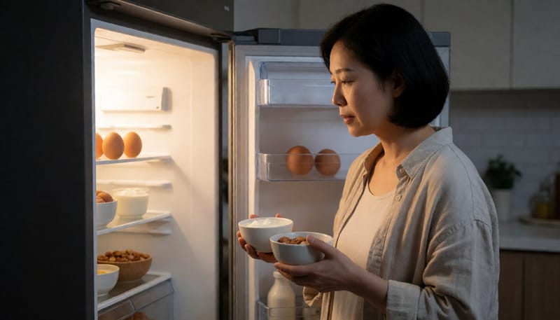 밤에 냉장고를 열어 건강한 야식 재료를 살펴보는 여성