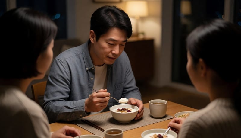 늦은 밤 식탁에서 소량의 건강 간식을 먹는 남성