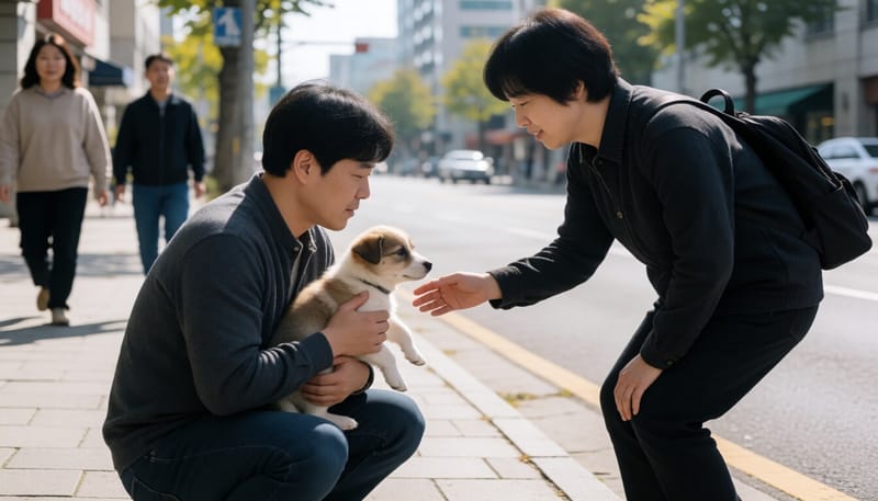 산책길에서 다른 사람과 인사하는 강아지의 모습