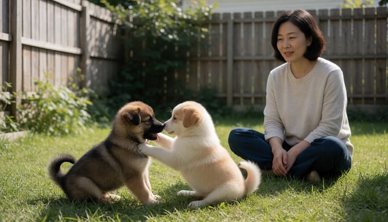 마당에서 함께 뛰노는 두 마리의 어린 강아지