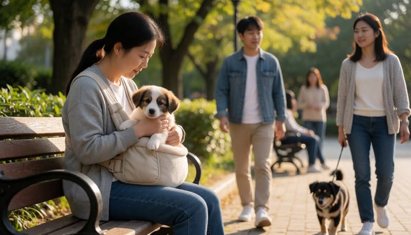 공원 벤치에서 강아지를 안고 주변을 살피는 반려인의 모습