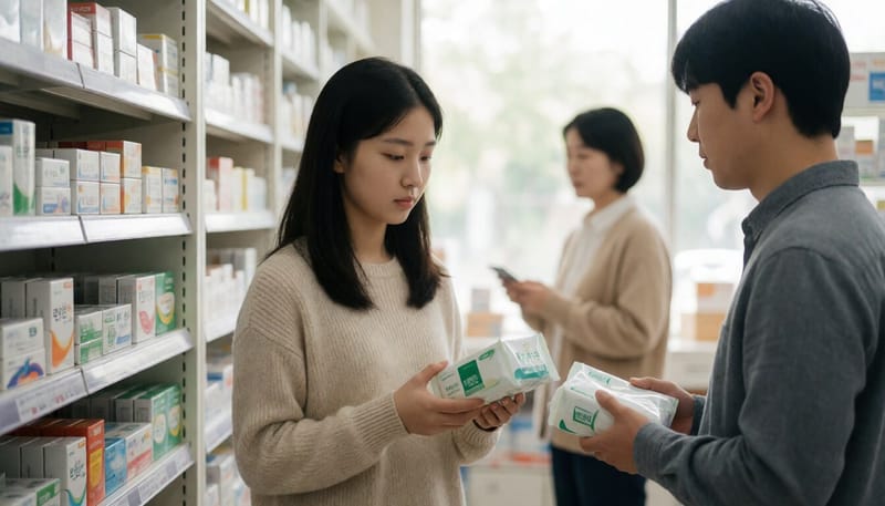 약국에서 생리용품을 살펴보는 여성청소년