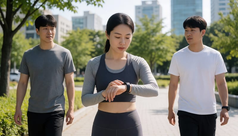 스마트워치로 걸음 수를 확인하는 여성