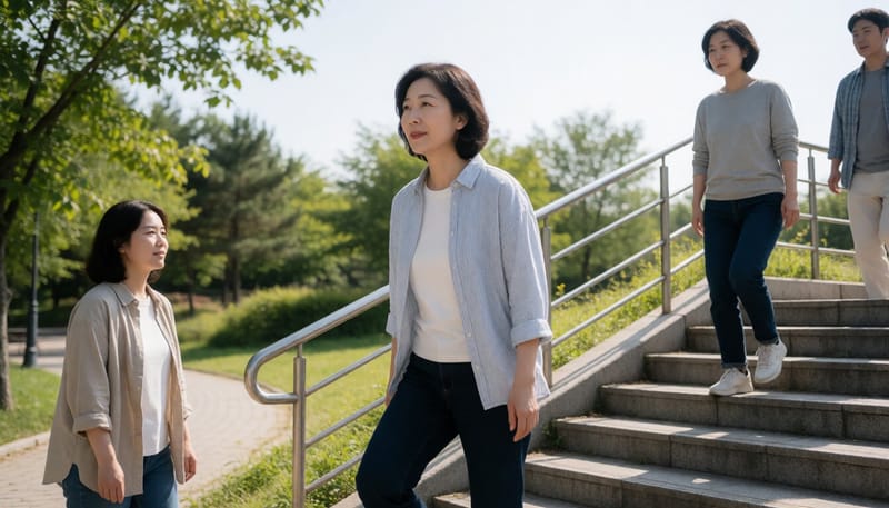 계단을 오르며 이동하는 여성의 모습