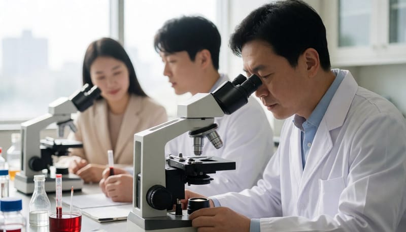 실험실에서 혈액 샘플을 현미경으로 관찰하는 연구원