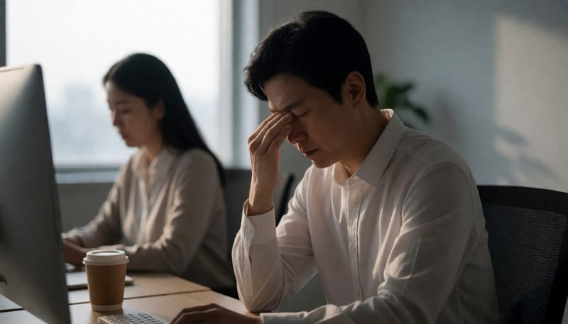 피곤한 표정으로 눈을 비비는 직장인의 모습