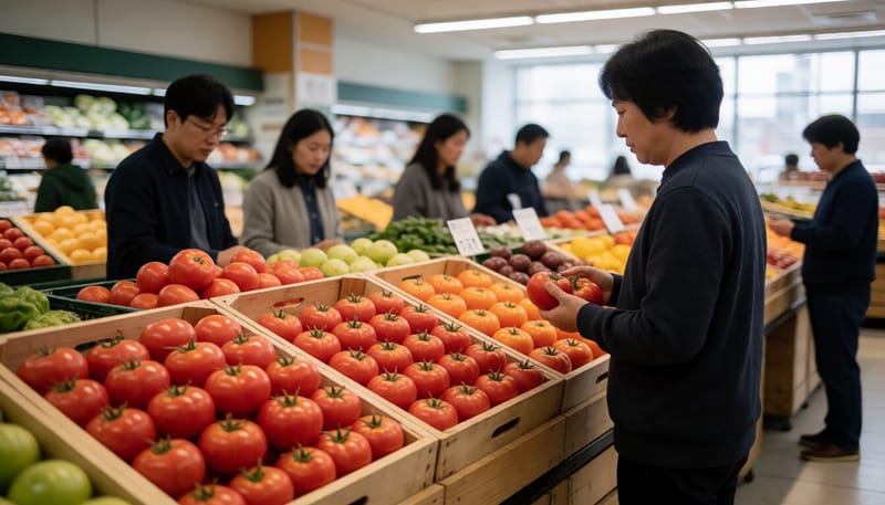 마트 매대에 진열된 붉은 토마토들