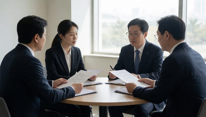 기업 관계자와 정부 관계자들이 원탁에서 자료를 주고받으며 논의하는 모습