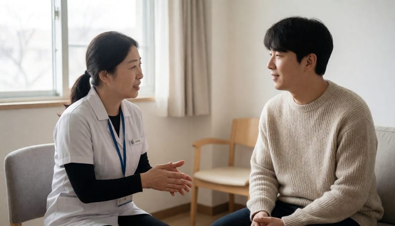 복지관 상담실에서 직원이 청년과 마주 앉아 이야기를 나누는 모습