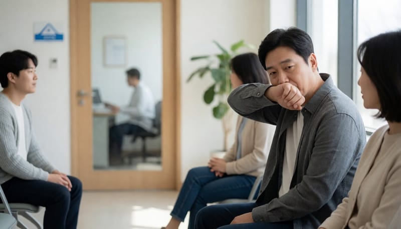 진료실 대기 공간에서 기침을 하는 중년 남성의 모습