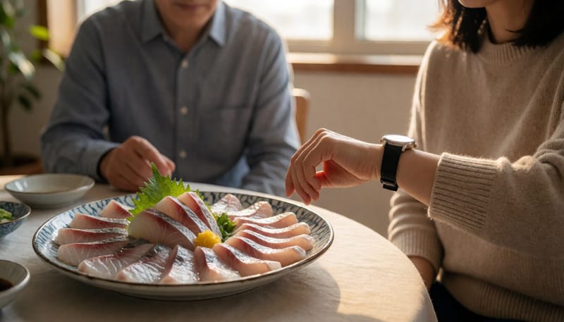 얼음이 녹아든 회 접시와 시간을 확인하는 손