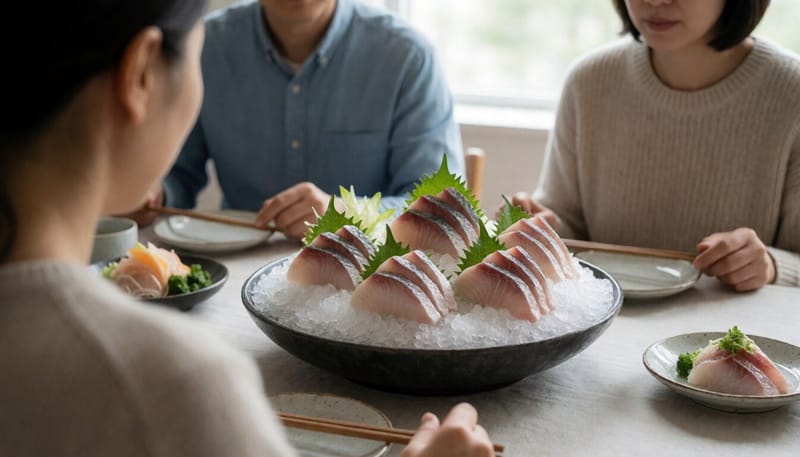 얼음 위에 올려진 신선한 생선회 접시