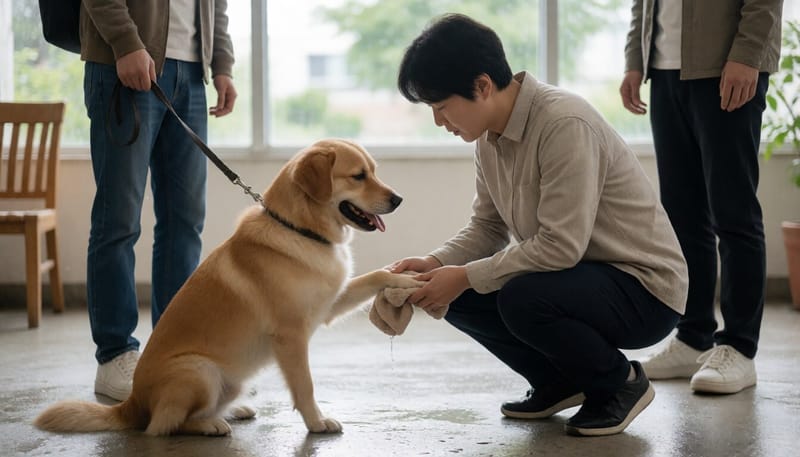 비 오는 날 산책 후 젖은 반려견 발을 닦는 보호자