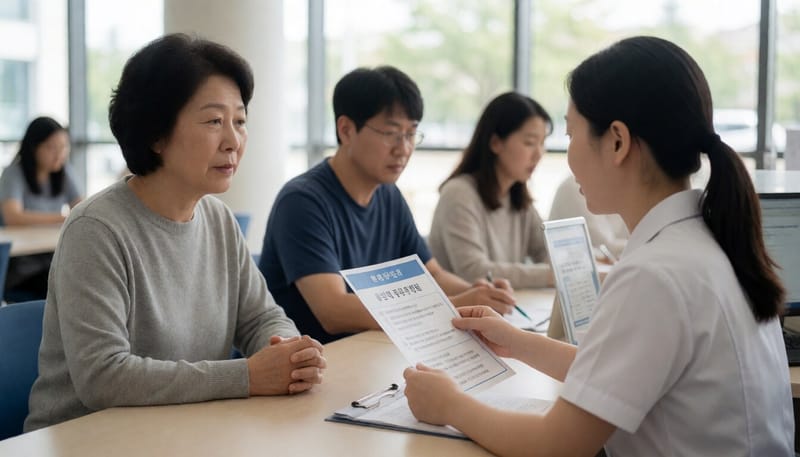 보건소 창구에서 지원제도 상담을 받는 산모의 모습