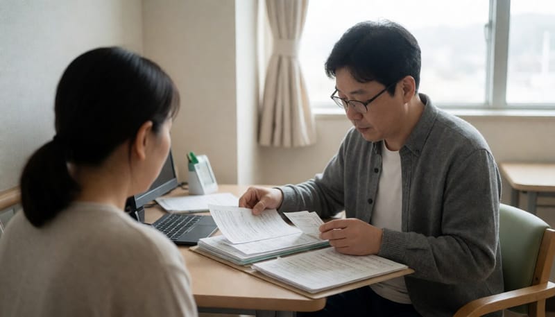 병원에서 신청 서류를 정리하는 아버지의 모습