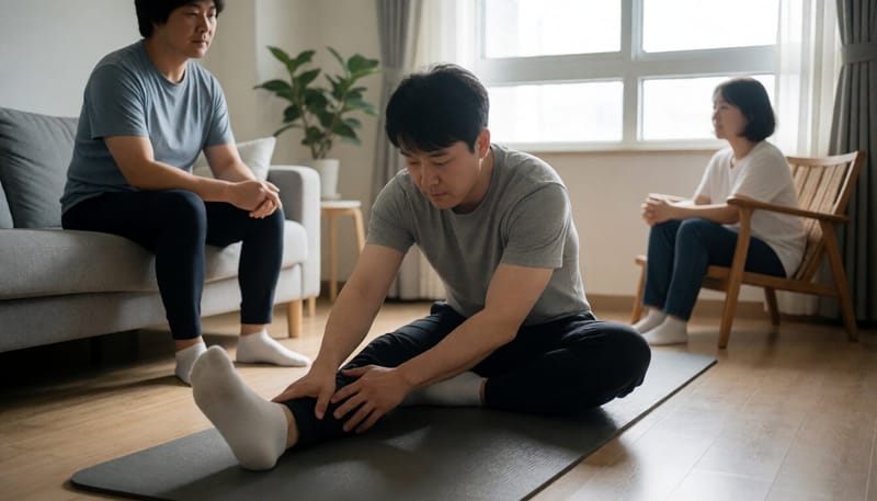 실내 매트 위에서 준비운동을 하는 남성