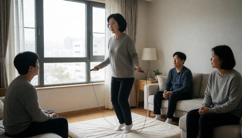매트 위에서 줄넘기를 하는 여성의 모습