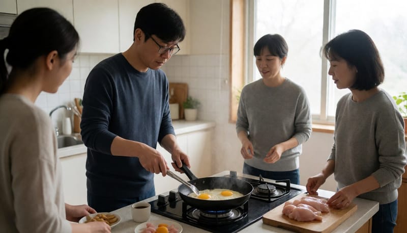 계란과 육류를 완전히 익혀 조리하는 모습