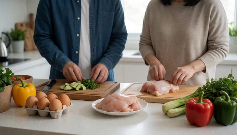 가정 주방에서 계란과 육류를 조리도구를 구분해 준비하는 모습
