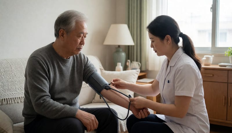 보건소 방문 인력이 어르신의 혈압을 확인하는 모습