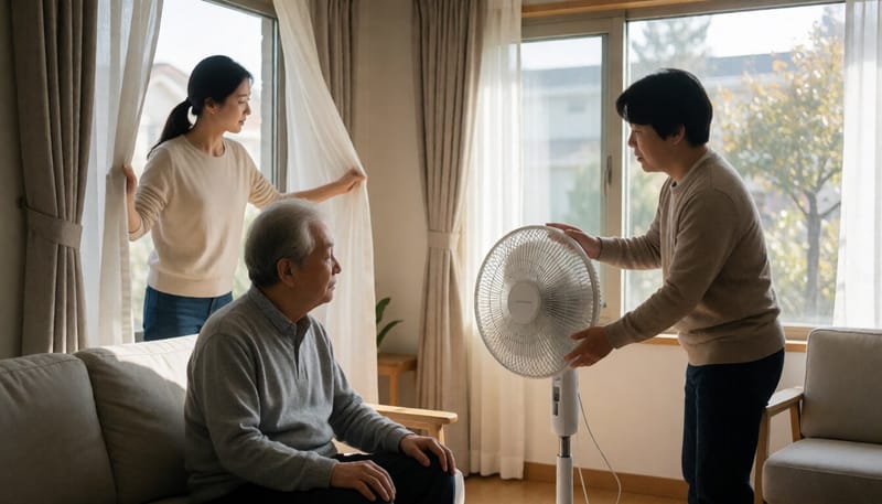 어르신 집의 커튼을 닫고 선풍기를 조정하는 모습