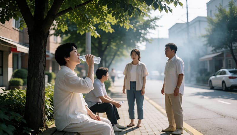 무더위 속 그늘에서 물을 마시는 시민