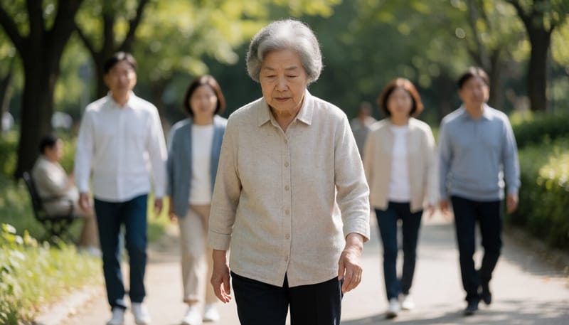 보폭이 좁아진 걸음으로 공원을 걷는 노년 여성의 뒷모습