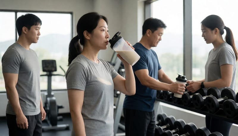체육관에서 운동을 마친 여성이 단백질 셰이크를 마시는 모습