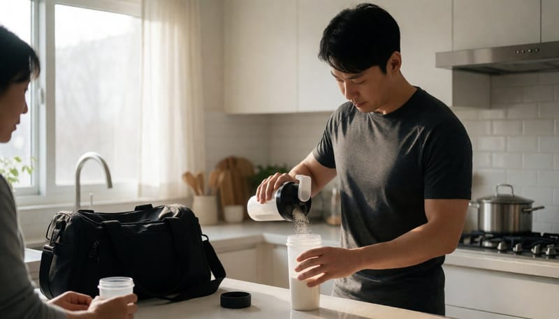 운동복을 입은 남성이 주방에서 단백질 파우더를 셰이커에 붓고 있는 모습