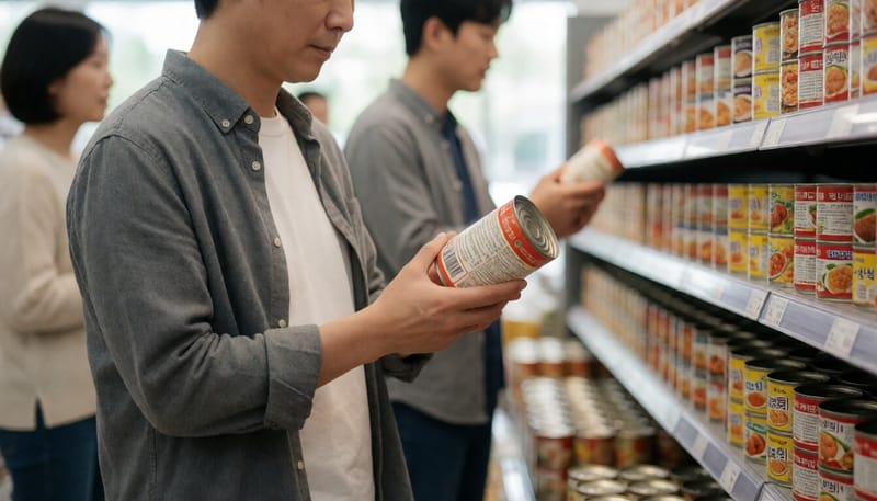 마트에서 통조림 제품 뒷면을 살펴보는 소비자의 모습