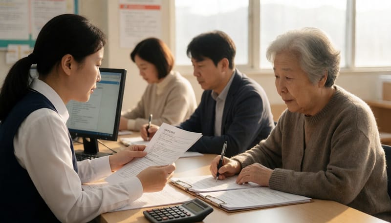 건강보험공단 상담 창구에서 서류를 살피며 상담하는 모습