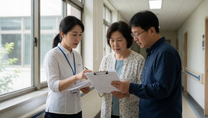 병원 사회복지팀과 상담하며 지원 서류를 확인하는 보호자