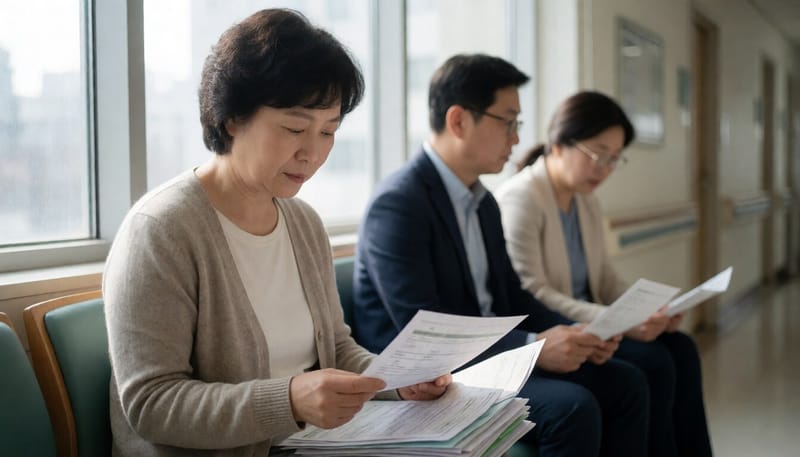 병원 복도에서 진료비 영수증을 살펴보며 근심 어린 표정을 짓는 중년 여성